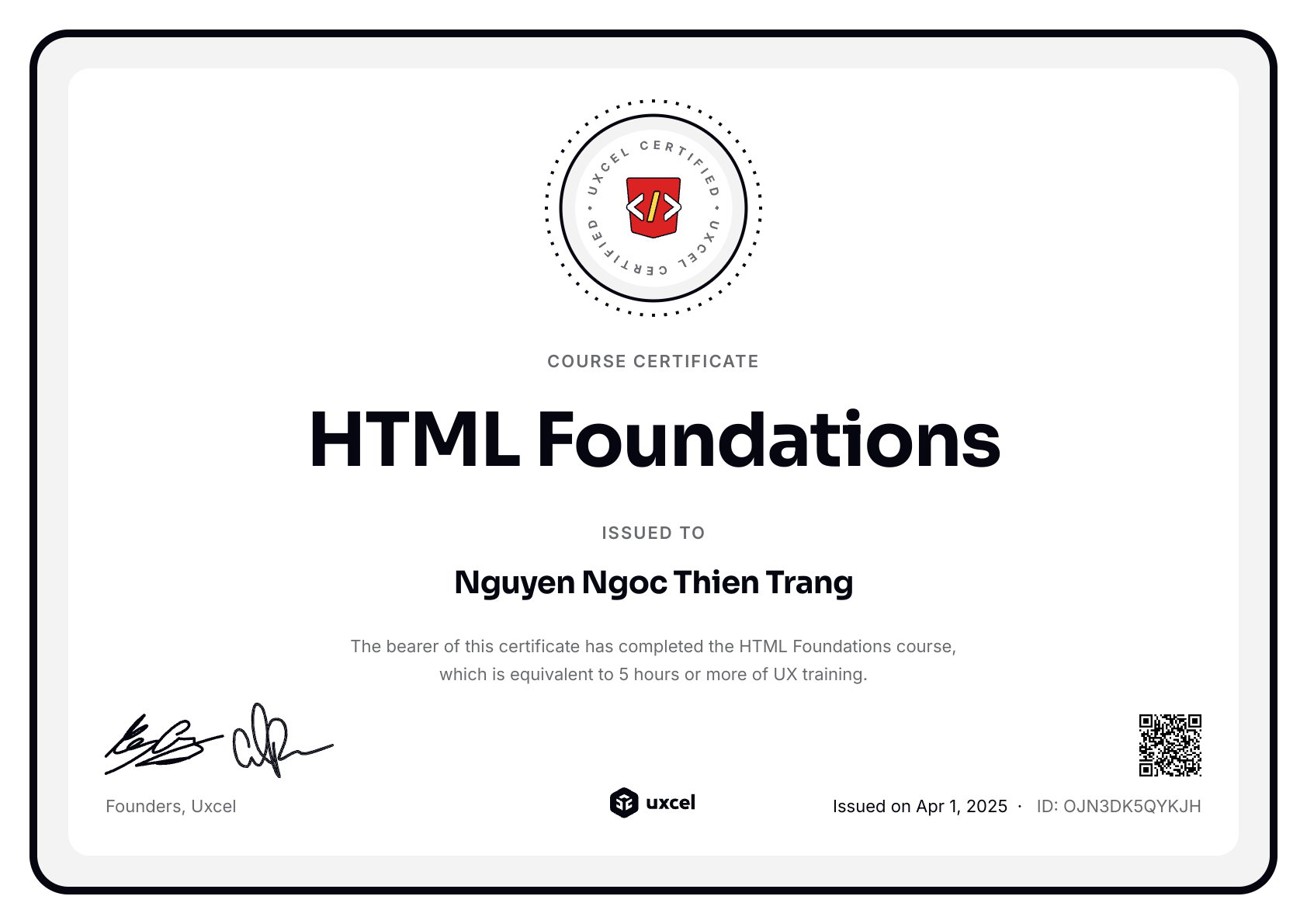 Nguyen Ngoc Thien Trang's certificate